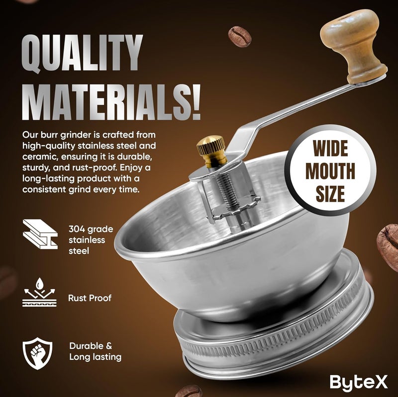 ByteX Stainless Steel Coffee Grinder Lid Attachment for Regular Mouth Mason Jars - Manual Crank Burr Grinder for Fresh Coffee, Ideal for Camping, Home Barista, Rust Proof Ceramic Mechanism (Wide) - Image 2